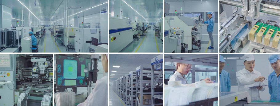 Production floor of the EMS partner showing SMT lines, inspection stations and assembly operators